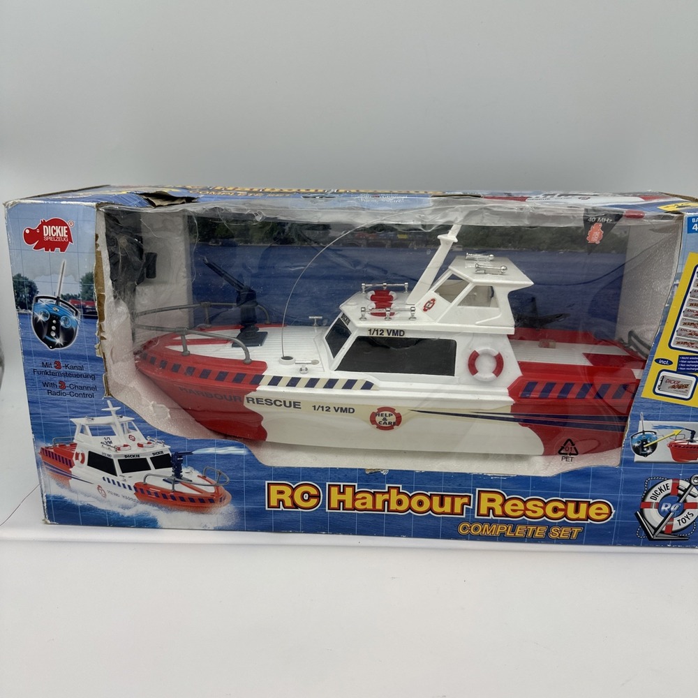Vintage Dickie Toys RC Harbour Rescue Boat 1/12 Scale NOS NIB Box Damage